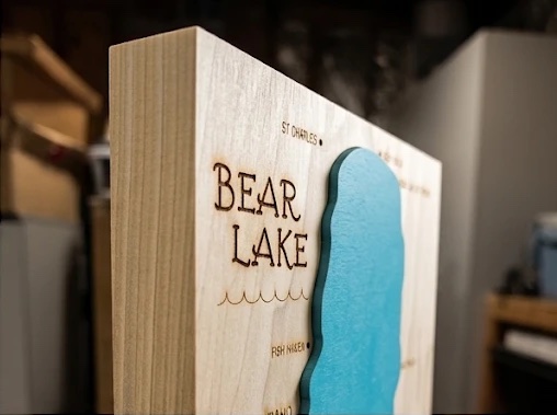 Angled view showing the 2-inch thick poplar block and the raised turquoise lake